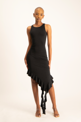 Elora Asymmetrical Ruffle Dress - Black - XS