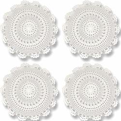 Rusoji Handmade Round Crochet Cotton Lace Table Placemat Coaster Doilies Pack Of 4 White 11 X 11 Inch