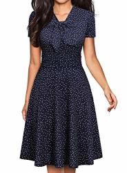 Yathon Women's Elegant Bow Tie Swing Casual Party Dresses Vintage Ruched Stretchy A-line Skater Dress M YT006-NAVY Dot