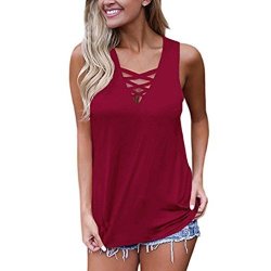 Foruu Tank Tops For Women Fish Yoga Summer Sleeveless V Neck Lace Up Criss Cross Cami L Wine Red