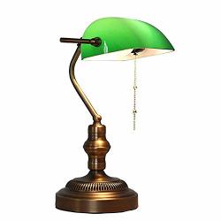 Nwlamp Banker's Table Lamp Traditional Desk Lamp With Pull Chain Decorative Bedside Nightstand Lamp With Green Glass Shade Reading Lamp Light For Living Room