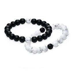Looyar Couples Bracelet His And Hers Distance Bracelet Black Matte Agate & White Howlite 8MM Beads Bracelet 4