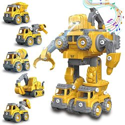 Tukiie Take Apart Robot Toys For Kids 5 In 1 Construction Truck Car Vehicle Set Transform Into Robot Stem Building Toy For Toddlers Boys Girls Ages 3+ Yellow
