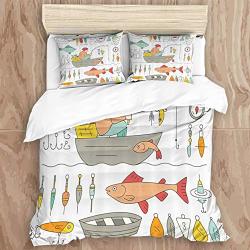 Conicixi Easy Care 3 Pcs Duvet Cover Set Nautical Fishing Gear Fisherman The Boat Catching Fish Rod Bobber Tackle Hook Clip Work Image Stylish