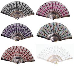 Set Of 6 Chinese Assorted Colors Party Gift Lace Floral Folding Hand Held Fans Us Seller