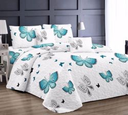 5 Piece Blue Quilt Set Large White Flowered Bedspread Set