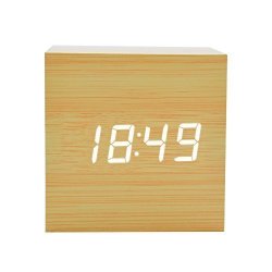 GZMAY Modern Wooden LED Light Clock Square Cube Digital Alarm Clock With Time And Temperature Brighter LED Display Bamboo