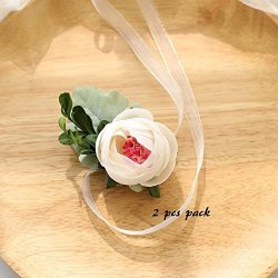 Florashop 2 Pcs Package Satin Peony Buds Silk Flowers Women's Wrist Corsage Hand Flower For Wedding Prom Party White Wrist Corsage