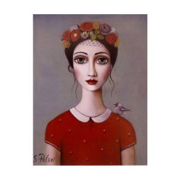 Canvas - Lady Red Shirt Red Flowers Small Bird