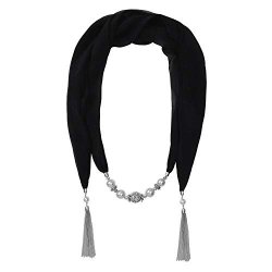 Jinsen Women's Chiffon Scarf Necklace Open Heart Pendant Chain Tassel Scarf SF000092 Black B