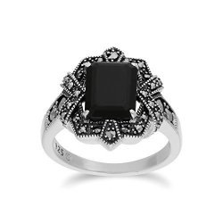 Gemondo Black Onyx Ring Sterling Silver Black Onyx & Marcasite Octagon Art Nouveau Ring