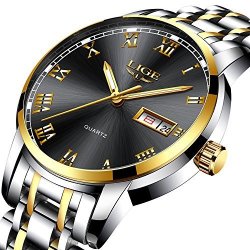 LIGE Mens Watches Fashion Sports Quartz Watch Stainless Steel Silver With Gold Strap Top Brand Luxury Simple Style Business Watch Waterproof 30M With Black Dial