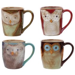 Coffee Cup Set By Gibson Owl City 17 Oz Mug Set Assorted Colors 4 Piece Set Hand Painted