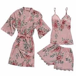 Women Nightwear Print Pajamas Sleepwear Sling Robe Long Sleeve 3 Pieces Sets Sleepshirts L Pink