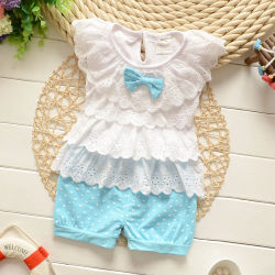 Get Her Beach Ready 2 Pcs Soft Shorts & Frilly Anglaise Top With Bow Detail