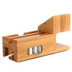 Amir Bamboo Wood Usb Charging Station Desk Stand Charger 3 Usb Ports For Iphone 7 6s 6 5s & 38mm