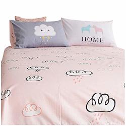 Bulutu Fitted Sheet Queen Only Pink White Cloud Rain Print Bed Bottom Sheet Queen Cotton Premium Deep Pocket Fitted Sheet-breathable Durable And Comfortable 1 Piece