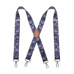 Bioterti Mens Heavy Duty X- Back 1.4 Inch Suspenders With 4 Snap Hooks Navy Paisley