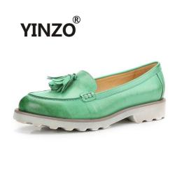 Yinzo Womens Retro Tasseled Leather Loafers - Green 6