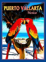 A Slice In Time Puerto Vallarta Mexico Beach Mexican Parrots Macaws Birds Travel Advertisement Poster