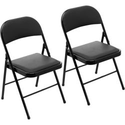 2 Piece Pu Folding Chairs Metal Frame Black
