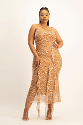 Keira Cowl Neck Ruffle Dress - Brown Zebra Print - L