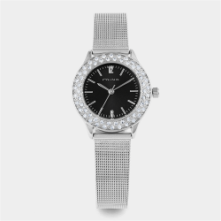 Womens Silver Plated Crystal-embellished Black Dial Mesh Watch