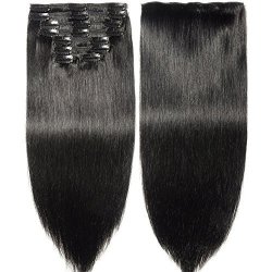 S-noilite Clip In Human Hair Extensions 100% Real Remy Thick True Double Weft Full Head 8 Pieces 18 Clips Straight Silky 22 Inch - 160G Jet Black 1