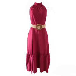Pink Sleeveless Halter Neck Dress With Belt