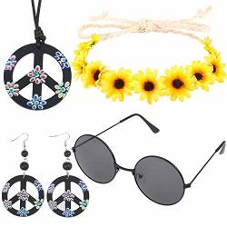 Hippie Boho Costume Set For Women And Men Include Flower Crown Headband Peace Sign Necklace Earring And Sunglasses 60S 70S Hippie Dress Accessories
