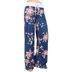 Wide Leg Pants Kimloog Women Floral Print High Waist Loose Casual Drawstring Trousers XL Blue