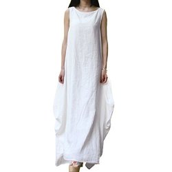 Romacci Women Maxi Sleeveless Dress Plus Size Pockets O Neck Solid Loose Swing Tank Tunic Dress White red