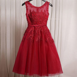 Women's Simple Pink O-neck Print Lace Knee-length Evening Dress bridesmaid Dress