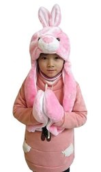 Tonwhar Cartoon Animal Hood Hoodie Hat With Attached Scarf And Mittens Pink Bunny