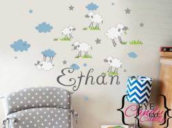 6 Cute Blue Sheep With Name Boys Baby Kids Wall Stickers- Decal To Decorate Childrens Room