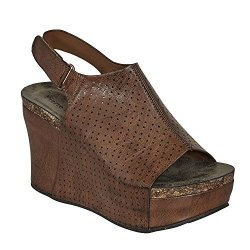 Pierre Dumas Women's Vegan Leather Peep-toe Adjustable Ankle Strap Wedge Sandals Open Toe HESTER-16 8 Whiskey