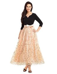 Lookbookstore Women's A Line V Neck 3 Quarter Sleeve Gold Leaf Sequins Patterned Tulle Flowy Flare Circle Belted Long Maxi Bridesmaid Party Prom Dress