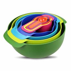 Kingzhuo 10 Pcs Salad Set Mixing Bowls Set Stackable Measuring Cups Rainbow Plastic Measuring Bowls Cup Spoon Set For Kitchen Salad Cooking Baking Prep Multicolored