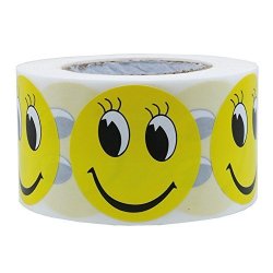 Hybsk Yellow Smiley Face With Eyelash Happy Stickers 1.5" Round Teacher Labels 500 Total Per Roll