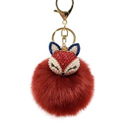 Raylans Women Faux Rabbit Fur Pom Pom Ball Fox Head Rinestone Bag Car Charm Keychain Pendant Wine Red