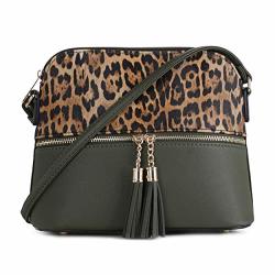 Sg Sugu Leopard Pattern Lightweight Medium Dome Crossbody Bag With Tassel For Women Green