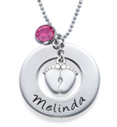 N78 - Sterling Silver Baby Feet Necklace With Personalized Name And Birthstone