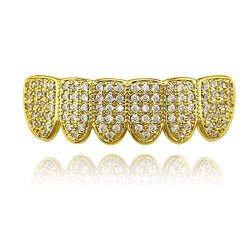 Lureen 14K Gold Silver Pave Full Cz Grillz 6 Top And Bottom Hip Hop Teeth Sets Gold Bottom