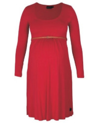 Belted Scoopneck Dress Long Sleeves Red - S Red