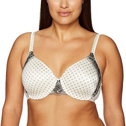 Bali Women's One Smooth U Bra With Lace Side Support Whisper White black Flower Dot