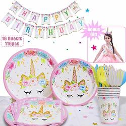 Unicorn Party Supplies Set With Unicorn Headband Birthday Sash- Serves 16 116 Pieces Plates Cups Napkins Tableware Bunting Banner- Perfect For Girls Baby