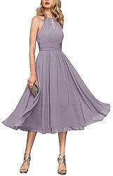 Women's Halter Tea Length Prom Evening Dress Chiffon Pleated Back Keyhole Mother Groom Party Gown Size 10 Wisteria