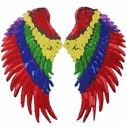 Red, Big Dandan DIY 1 Pair Colorfull Macaw Sequins Angel Wings Sew on/Iron On Patch DIY Embroidered Applique Bling Wings for Jackets Cloth Decoration Valentines Day Gifts