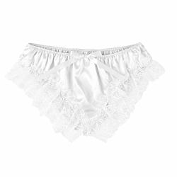 Msemis Sissy Panties Men Satin Lace Frilly Ruffled Bikini Briefs Crossdress Lingerie Pajamas Sleepwear White XL Waist 34.0"-50.0"