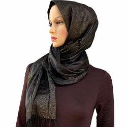 Hayaa Clothing Jewel Tone Gold Shimmer Viscose Hijab Scarf Shawl Tassel Fringe Black
